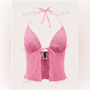 SHEIN icon tie front backless halter top size small pink